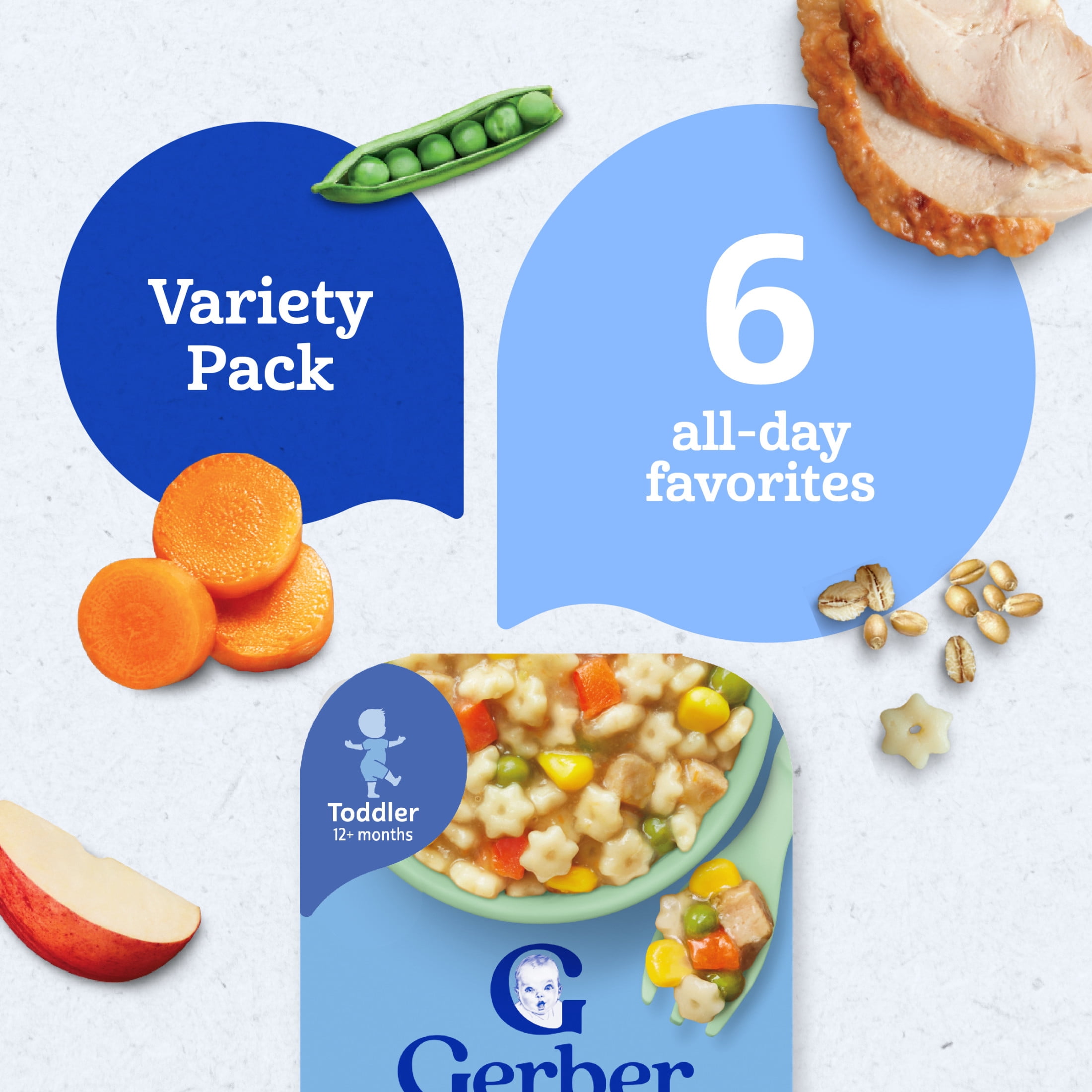 (2 pack) Gerber Toddler Food Variety 6 Pack, All Day Favorites, Breakfast, Lunch & Dinner 2.14 lb.