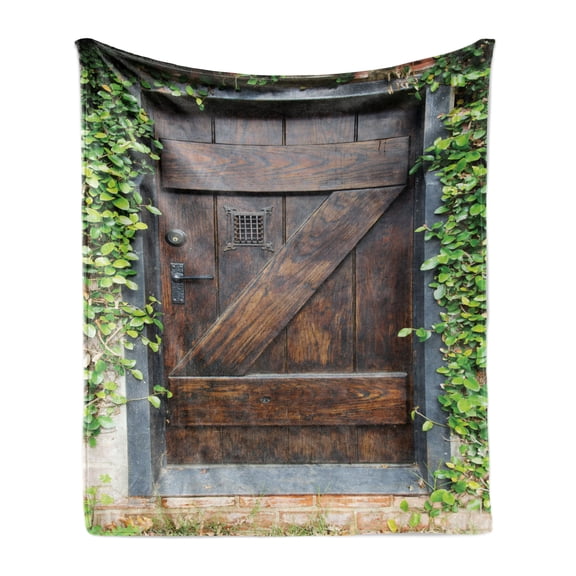Rustic Soft Flannel Fleece Blanket, Small Spanish Style Dark Stained Wood Door Secret Garden with Grated Window Picture, Cozy Plush for Indoor and Outdoor Use, 50" x 70", Brown Green, by Ambesonne