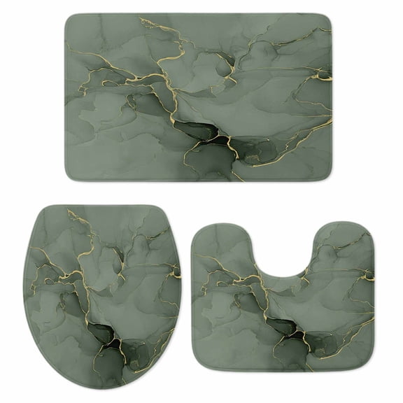 Abstract Bathroom Rugs Set Sage Green Golden Marble Fluid Lines Non Slip Absorbent Soft Bath Mats 3 Piece Set with Bathroom Rug, U-Shaped Floor Mat, Toilet Seat Cover Small Size