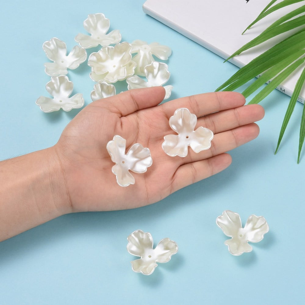 3-Petal Flower Plastic Imitation Pearl Bead Caps Creamy White Hole: 2mm Plastic 35x38x12mm