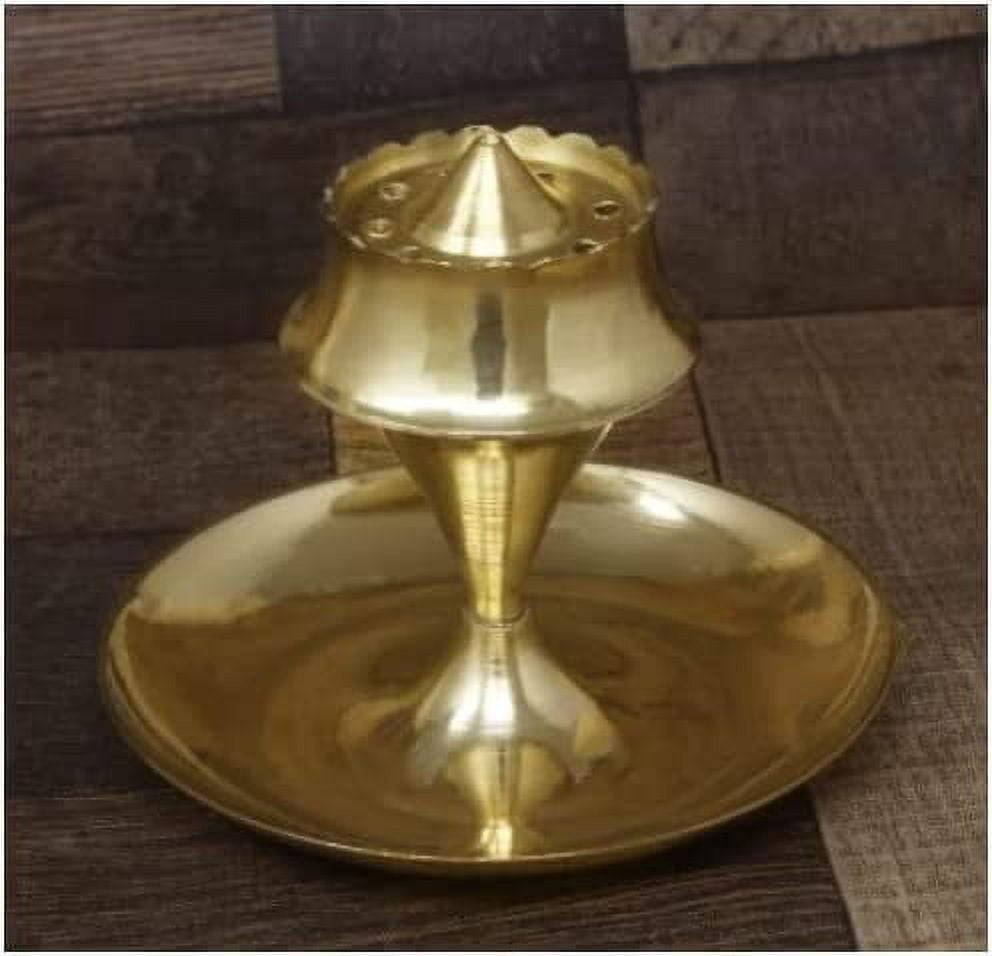 Brass Incense Agarbatti Stick Stand Holder with Plate Festive Puja Diwali Mandir Temple Handheld Agarbatti Burner with Ash Catcher (Approx. 6 Cm)