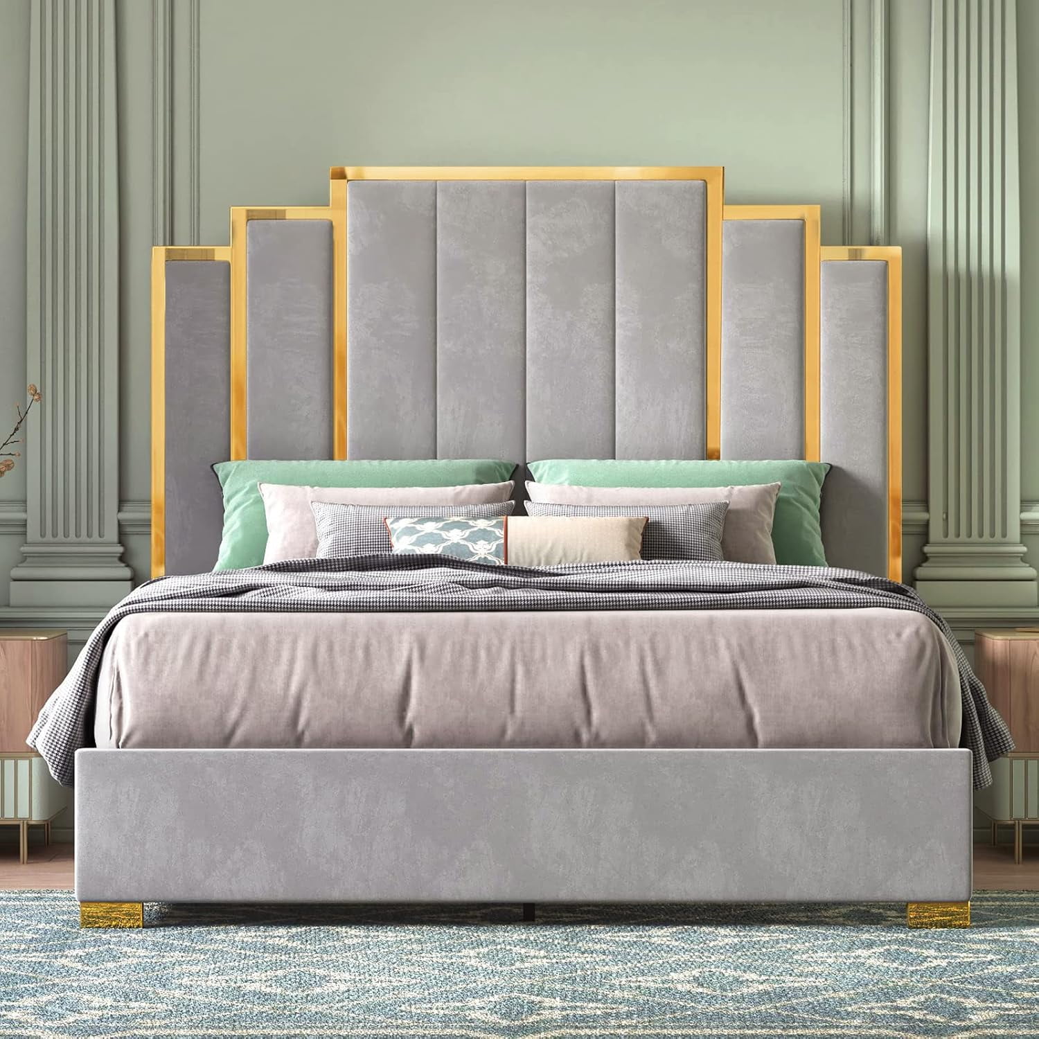 Merluxy Queen Size Bed Frame and 61" Headboard, Upholstered Bed with Golden Plating Trim, Modern Platform Bed No Box Spring Needed, Light Grey