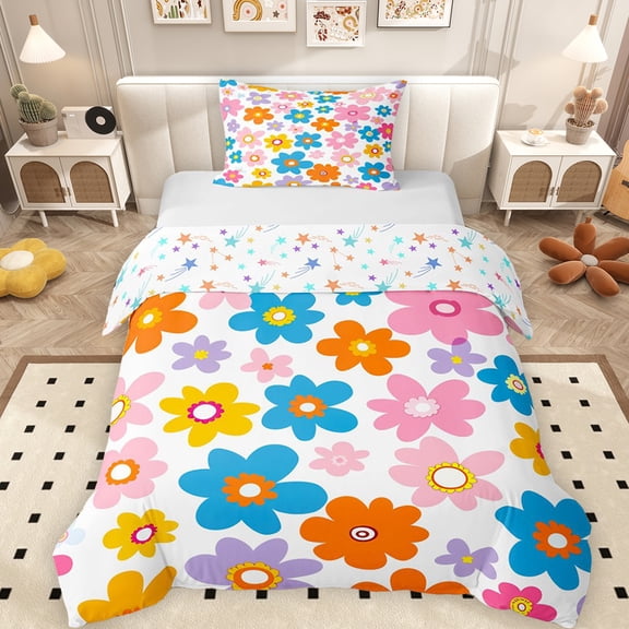 Erosebridal Groovy Flower Twin Bedding for Girls, Rainbow Floral Duvet Cover Set, Colorful Stars Reversible 2 Pieces, 1 Duvet Cover and 1 Pillowcase, No Comforter