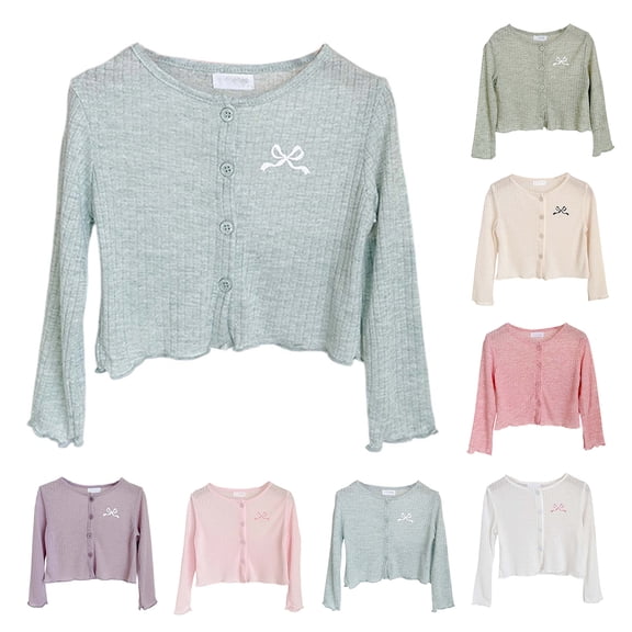 QSXADF Girls Long Sleeve Cardigan Toddlers Knit Sweater Ribbed Knit Cardigan Crop Length Long Sleeve Sun Protection Summer Casual Girls Outerwear Children's Outwear