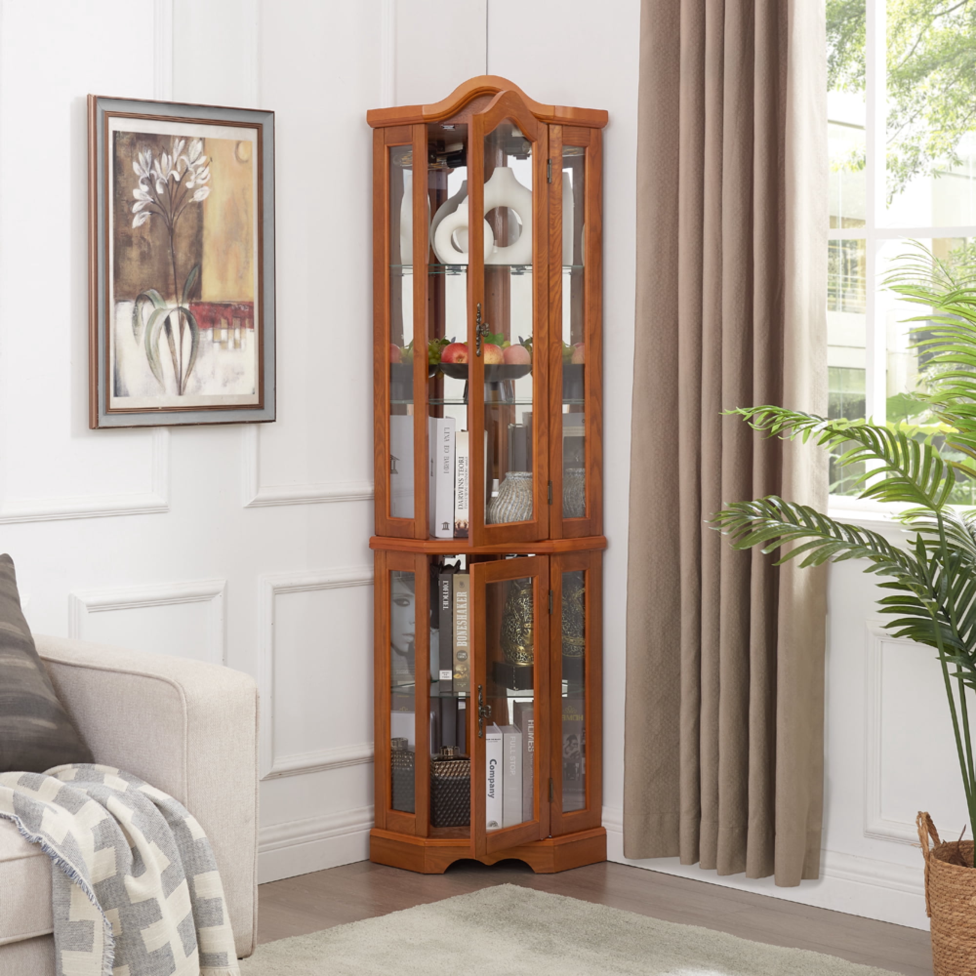 Leumius Curio Cabinet Lighted Glass Display Curio Cabinet with Tempered Glass Doors and Shelves, Crown Corner Cabinet with Bulb, Corner Storage Decoration for Living Room and Bedroom Oak