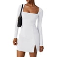 thumbnail image 2 of Douhoow Women MIni Dress Summer Solid Color Long Sleeve Square Neck Split Hem Dress, 2 of 7
