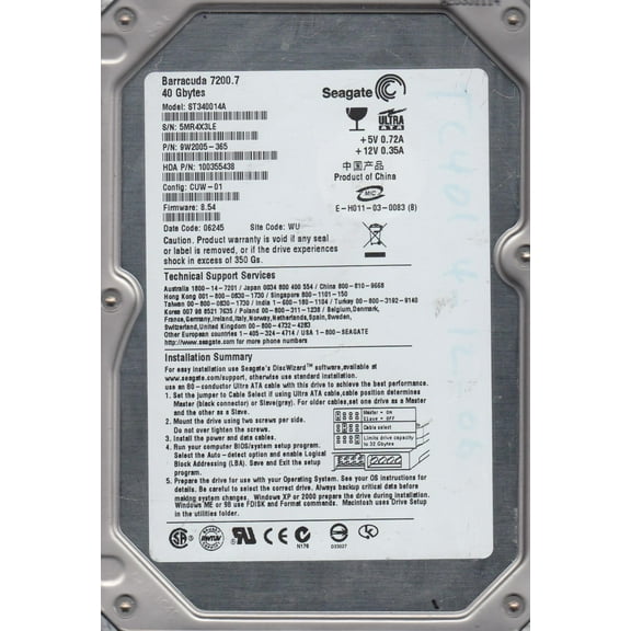 ST340014A, 5MR, WU, PN 9W2005-365, FW 8.54, Seagate 40GB IDE 3.5 Hard Drive