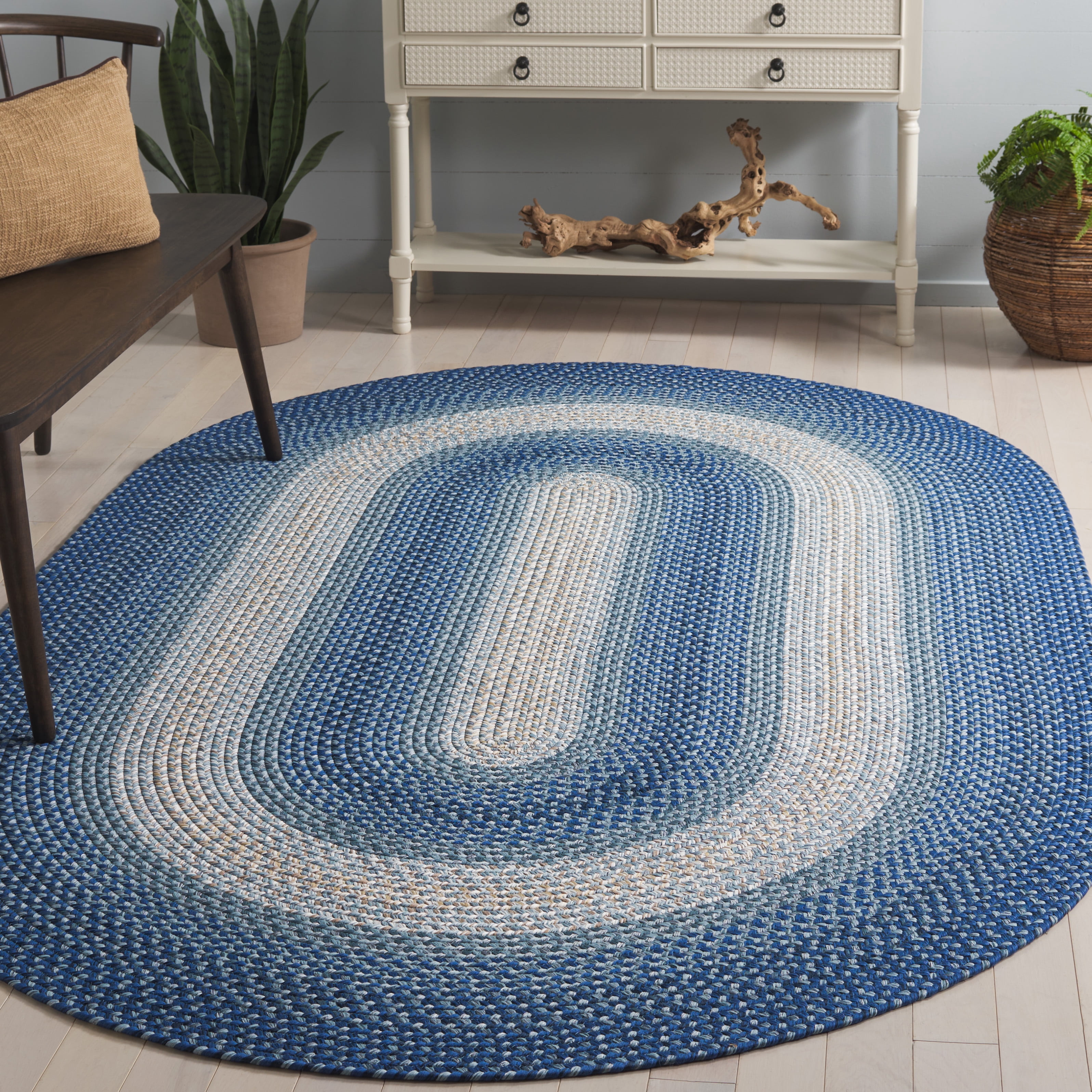 SAFAVIEH Braided Neville Bordered Machine Washable Reversible Area Rug, Navy/Grey, 8' x 10' Oval