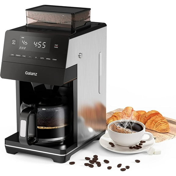 Galanz 2-in-1 Grind and Brew Coffee Maker with Adjustable Grind Size, Digital LED Touch Screen, Removable Coffee Filter Basket, Clean Indicator Light, 12-Cup, Stainless Steel