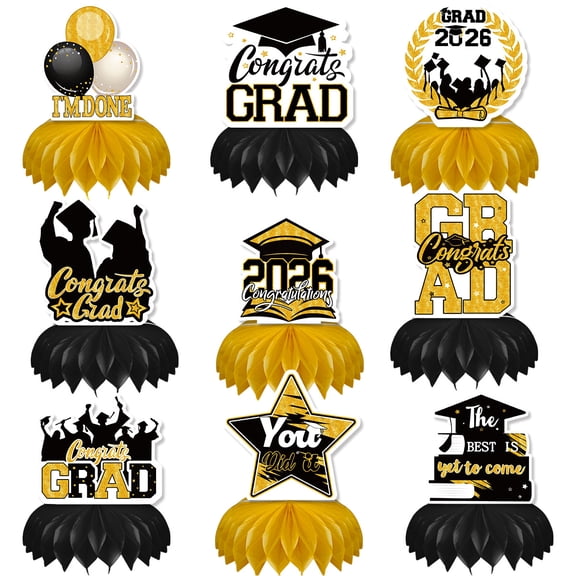 9Pcs Black and Gold Graduation Decorations Hoenycomb Centerpieces, 2026 Glitter Graduation Decorations Black and Gold Graduation Table Decorations Congrats Grad Class of 2026 Graduation Table Topper