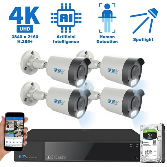 GW 8 Channel 4K NVR 8MP (3840x2160) H.265  Starvis Starlight Smart AI Security Camera System - 4 x UltraHD 4K Human Detection Poe IP Bullet Camera - 8MP (Two Times The Resolution of 4MP HD)