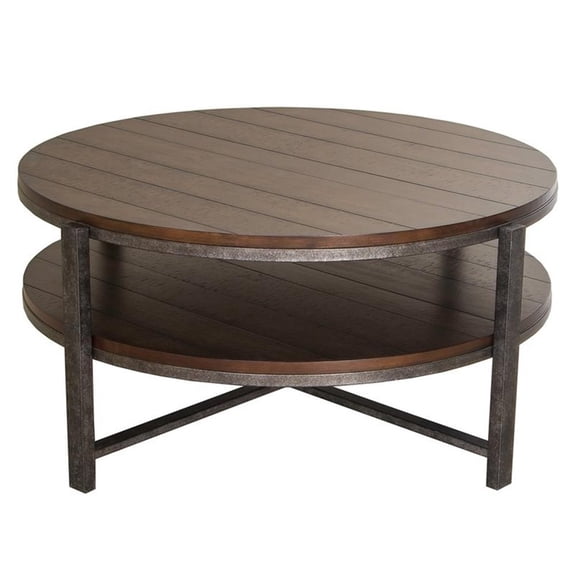 Pemberly Row Transitional Wood Round Cocktail Table in Brown