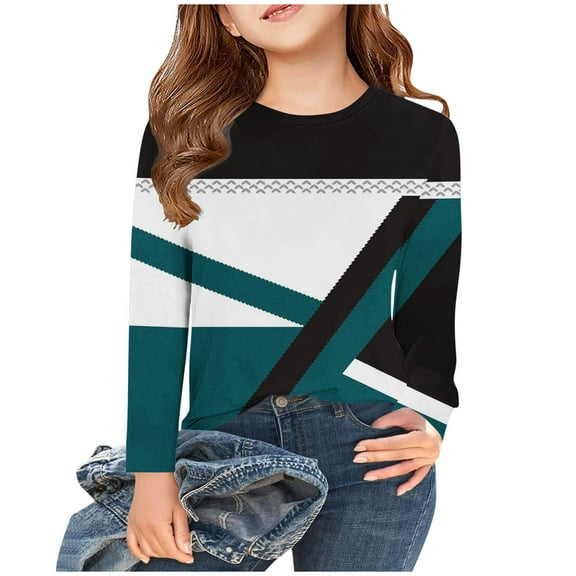 Blczomt Cute Shirt for Girls Casual Long Sleeve T-Shirt Crewneck Geometric Print Fashion Blue Clothes for Girls