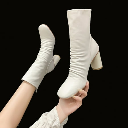 

Cathalem Knee High Platform Boots for Women Wide Calf Fashion Women Artificial Leather Dress Boots for Women Low Heel Wide Calf White 8