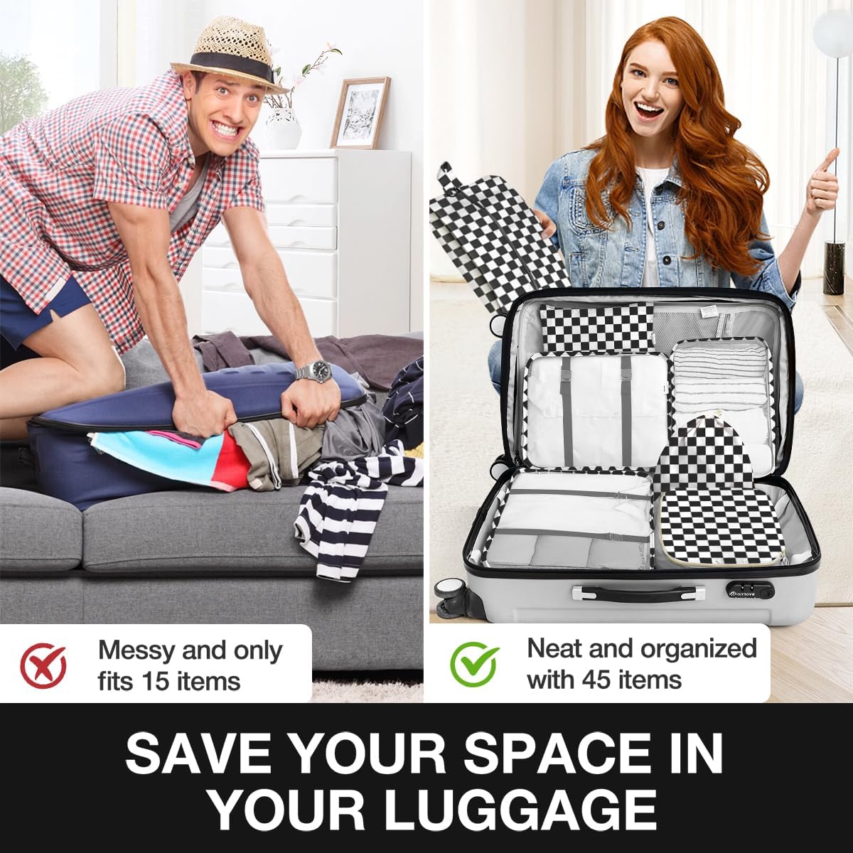 8 Set Packing Cubes for Suitcases,Packing Cube with Shoe, Cosmetics, Clothing, and Accessories Bags Packing Cubes for Travel Luggage Organizer Women Men(Black White Checkered)