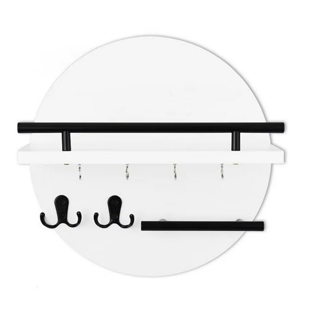 portallaves de pared organizador de llaves y correo de 11,8 pulgadas con estante y para organizador de pared Soporte circular blanco de 30 x 30 cm hecho de madera según especificación; estante superior con barra para correo, seis ganchos metálicos alineados bajo el estante, dos colgadores dobles negros en la parte inferior y puntos de montaje visibles, ideal para entrada o pasillo.