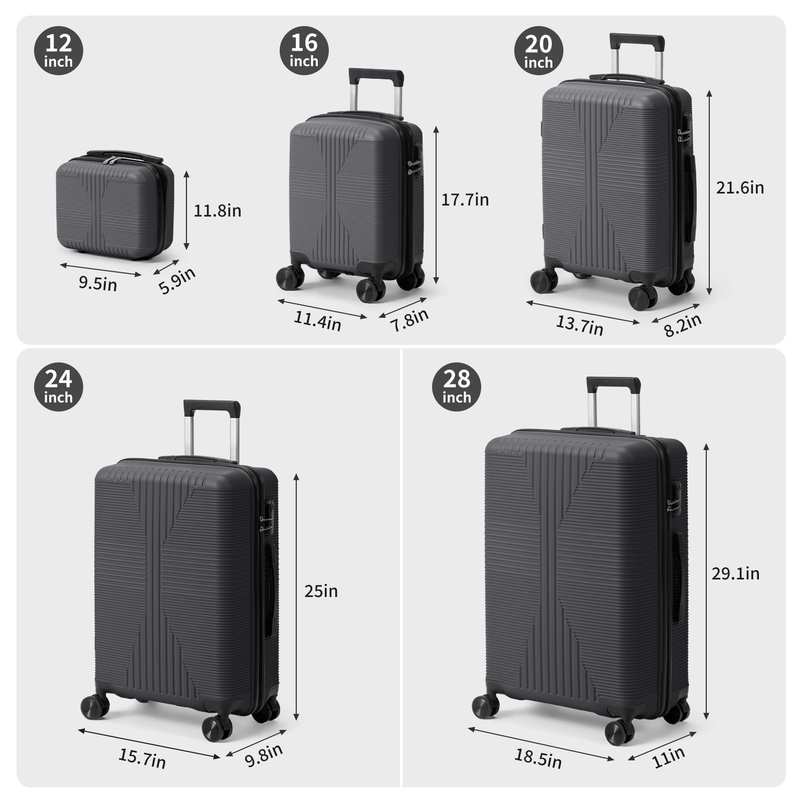 Ktaxon 5-Piece Luggage Set Hardshell Lightweight ABS Carry On Suitcase 360° Spinner Wheels Gray