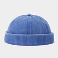 thumbnail image 1 of Gros Bonnet Docker Lavé Sans Bord Casquette Chapeau Sans Visière Couleur Unie Rétro Vintage Style de Rue Printemps Automne Extérieur Bleu Taille Unique, 1 of 6