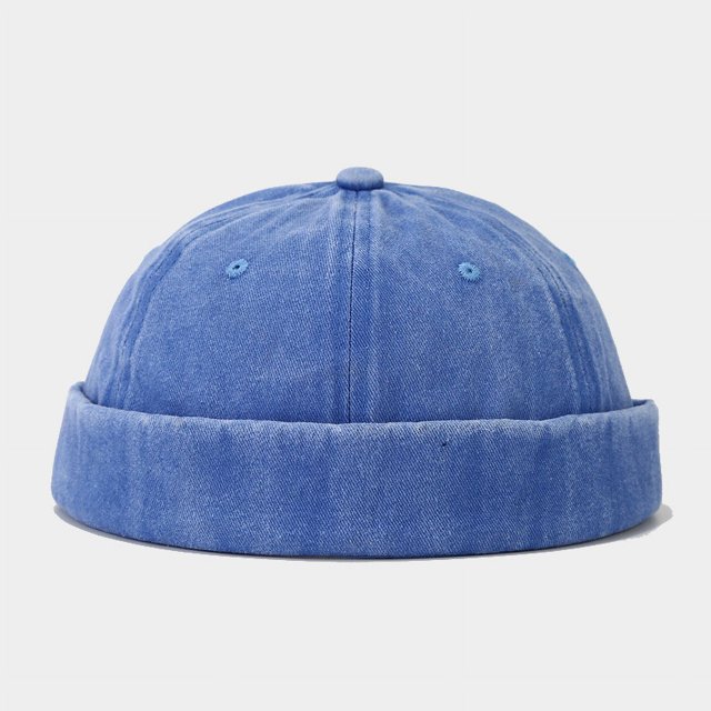 Gros Bonnet Docker Lavé Sans Bord Casquette Chapeau Sans Visière Couleur Unie Rétro Vintage Style de Rue Printemps Automne Extérieur Bleu Taille Unique
