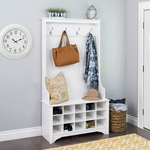 Prepac Wide Hall Tree and Bench with Shoe Storage, White