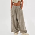 thumbnail image 2 of Womens Casual Loose Fit Wide Leg Cotton Pants Drawstring Stitching Baggy Pants Trousers with Pockets Grey S, 2 of 8