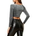 thumbnail image 3 of INSPIRE CHIC Women's Velvet Long Sleeve Off Shoulder Solid Crop Tops XS Grey, 3 of 8
