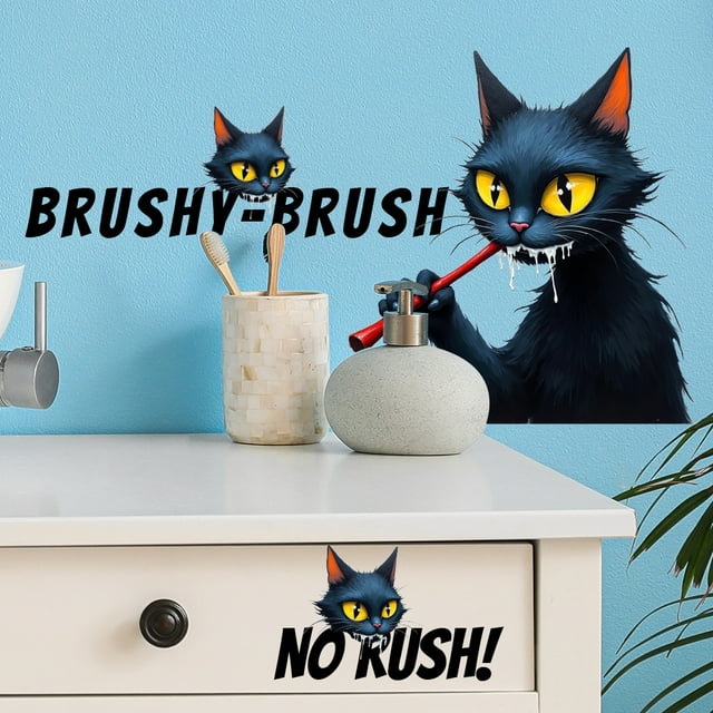 Adhesivos de pared con dibujos animados de gato negro con cita divertida del cepillo de dientes