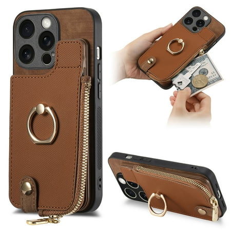 Dteck for Apple iPhone 14 Pro Max Zipper Wallet Case, Shockproof with Card Holders Flip Premium PU Leather Card Slots with 360°Rotation Ring Stand Protective Phone Cover, brown