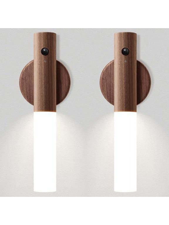 2 Pack Motion Sensor Night Lights, Portable Magnet Body Sensor Wall Lights, Wooden Rechargeable LED Light for Cabinet, Stairway, Hallway, Walnut Wood Color