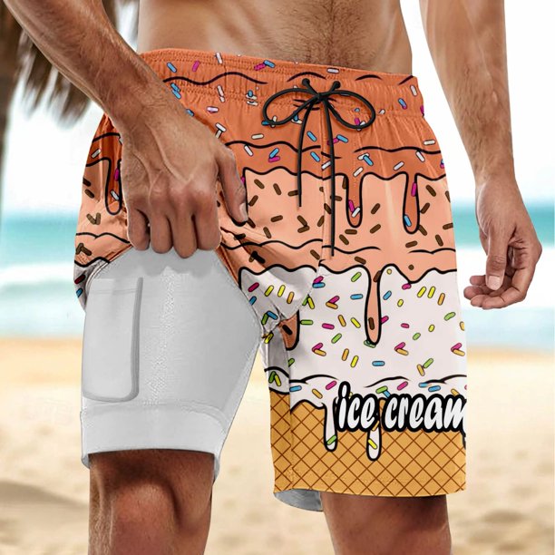 WILLBEST Pantalones Cortos Deportivos para Hombre, para Fiestas de Verano En La Piscina y Playa, Bañador de Doble Capa con Estampado de Hielo Derretido para Días de Playa y Uso Cómodo.