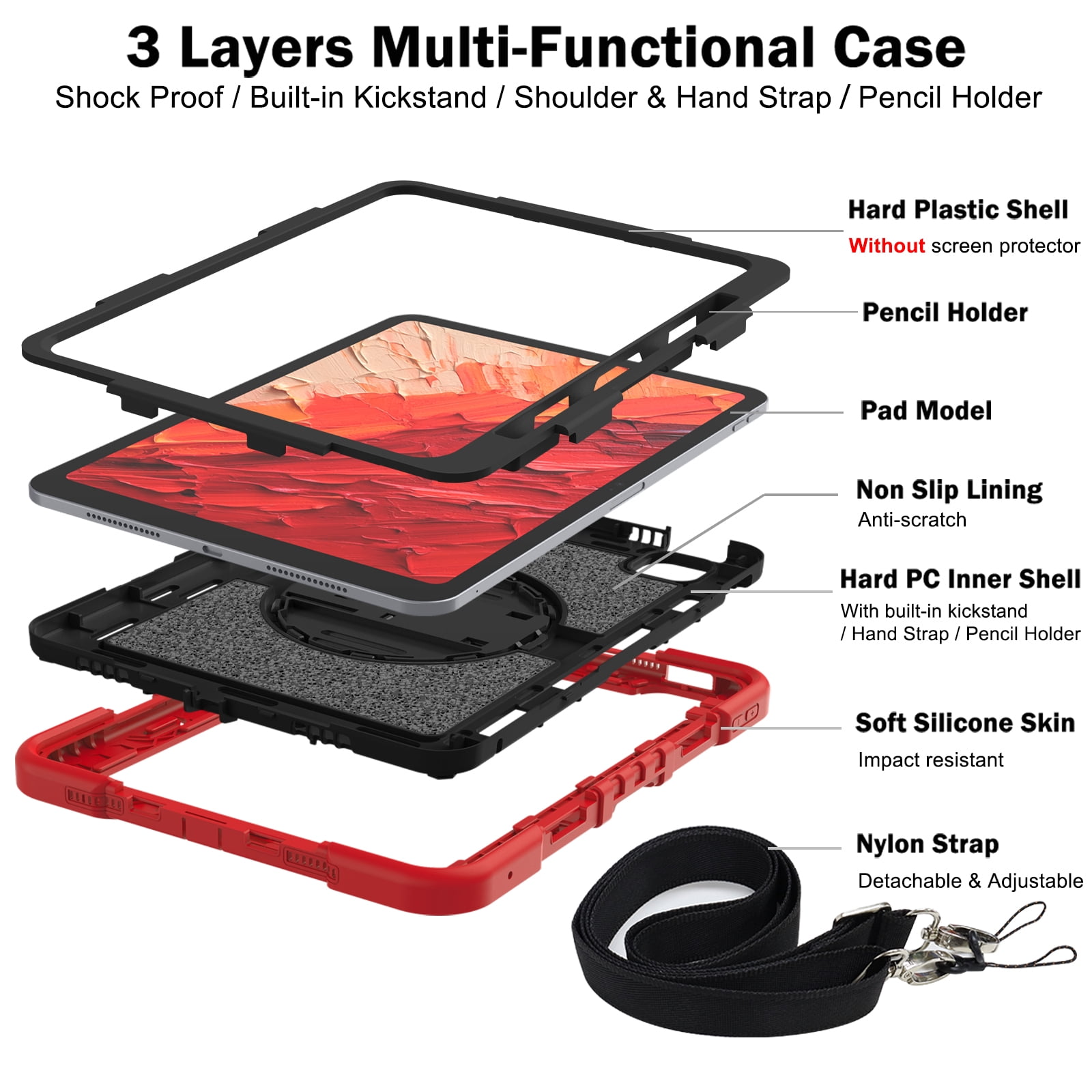 ELEHOLD 3-Layer Shockproof Case For iPad 8th/7th Generation, Rugged Cover with 360° Rotating Kickstand, Wrist Strap, Detachable Shoulder Strap, Pencil Holder, Red+Black