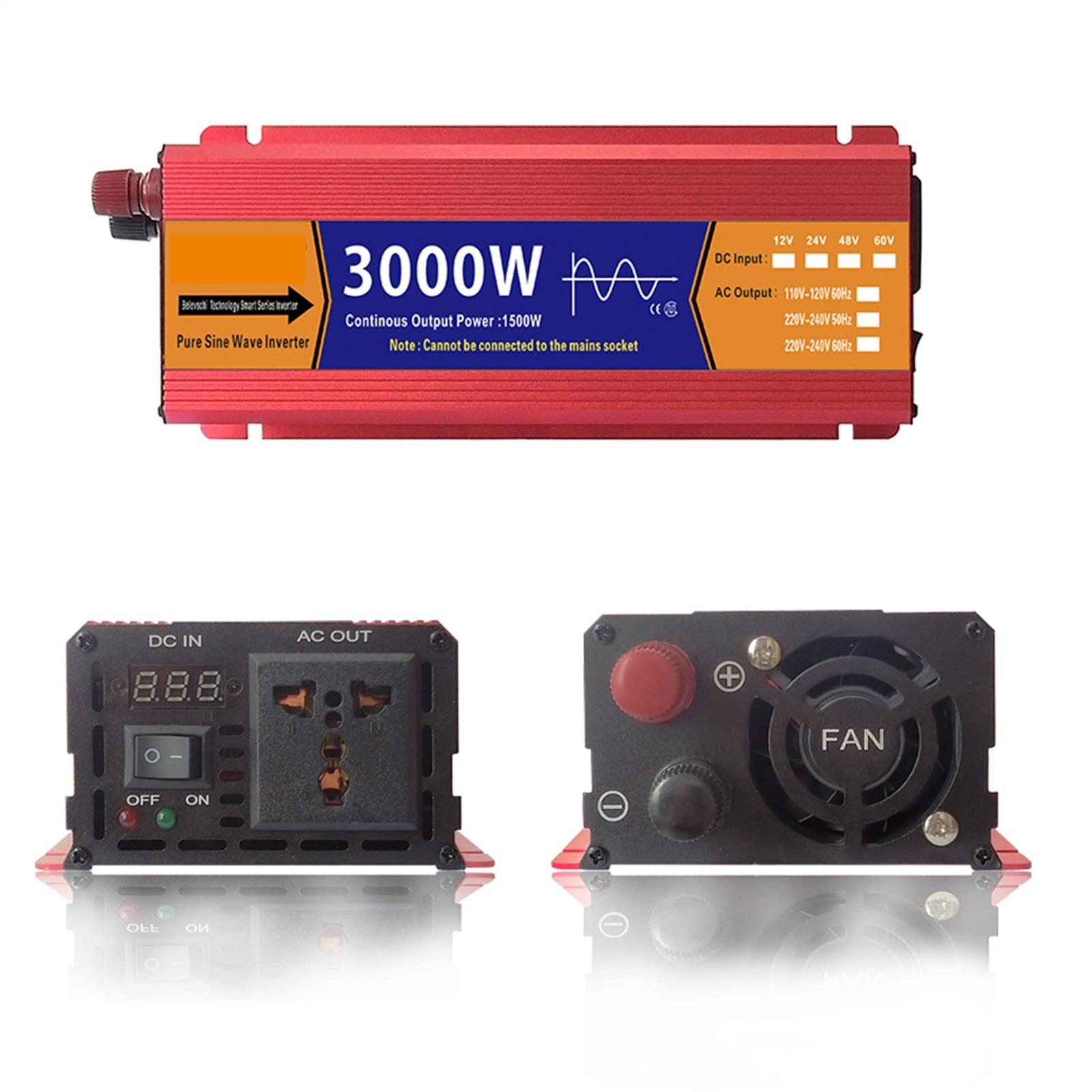 Pure Sine Wave Inverter 12V/24V To AC 1000W/1600W/2200W/3000W Voltage Transformer Power Converter Solar LED Inverter ,Powerful Output