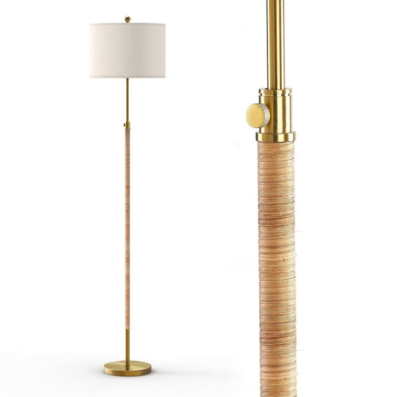 Maxax Adjustable Gold Farmhouse Floor Lamp with Rattan and Oatmeal Shade, 65"-70" Tall Boho Standing Lamp for Living Room or Bedroom