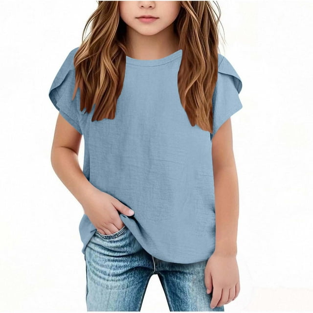 BLVB T-Shirts d'Été en Coton et Lin pour Filles Col Ras du Cou Manches Courtes Pétale Mignons Décontractés Hauts Amples Tee Blouse
