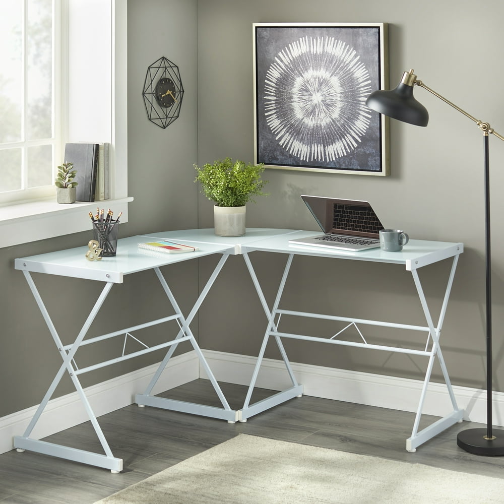 Mainstays Atrium Metal and Glass LShaped Corner Computer Desk, Frosted