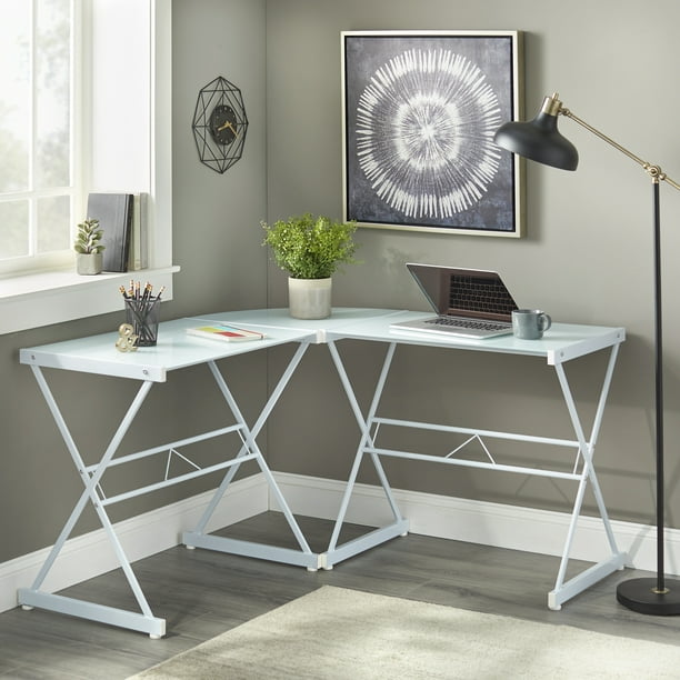 Mainstays Atrium Metal and Glass LShaped Corner Computer Desk, Frosted White Glass with White