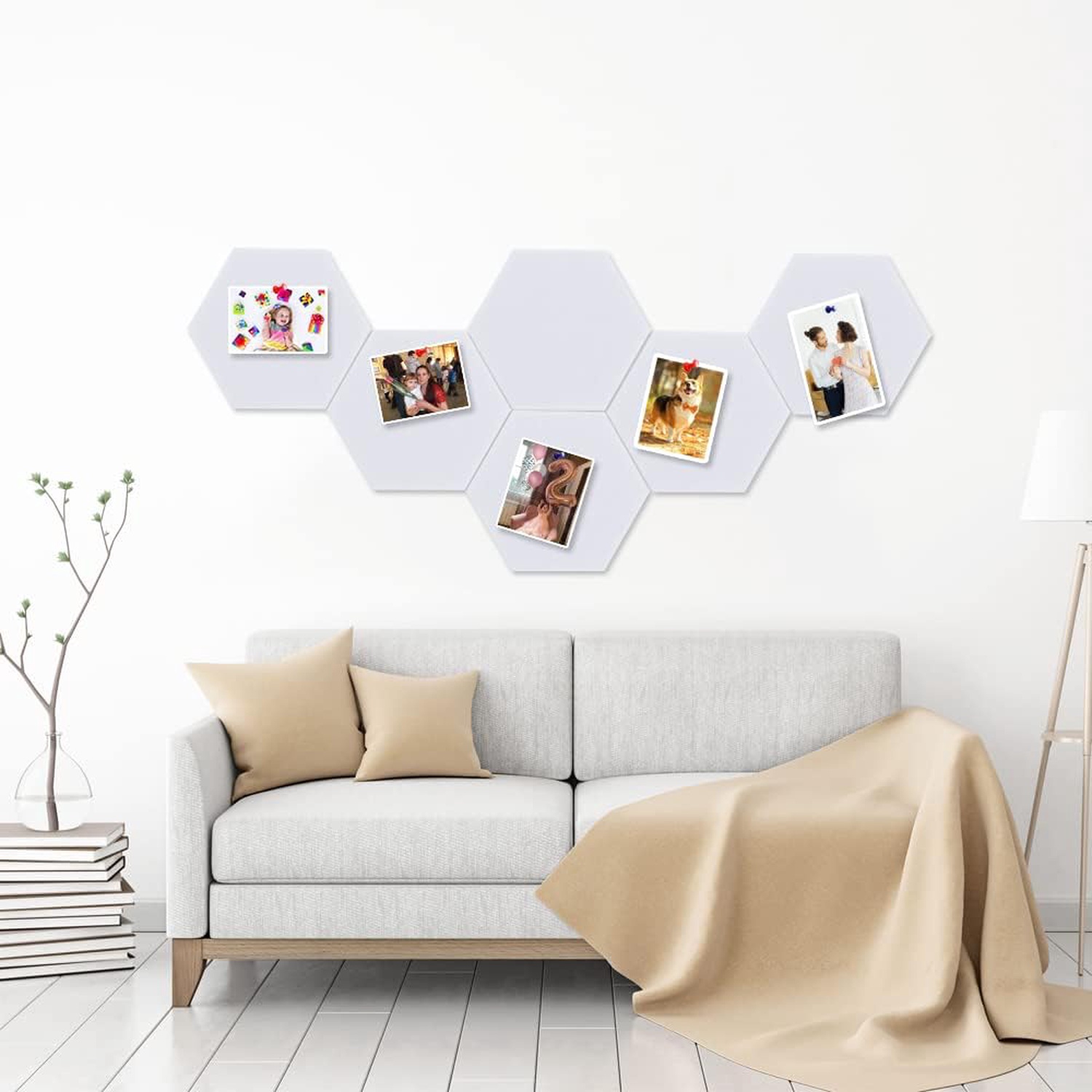 6 Pcs Hexagon Bulletin Board with 50 Pushpins & Sticky Note Adhesive Cork Board for Wall，Felt Pin Board for School，Office Decor（White）