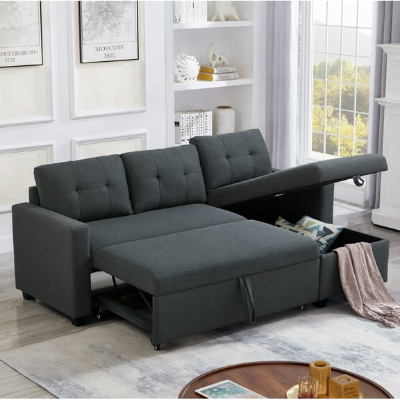 AENKYO L-Shaped Sectional Sofa with Storage Chaise, Reversible Pull-Out Couch, Linen Upholstered Living Room - Gray
