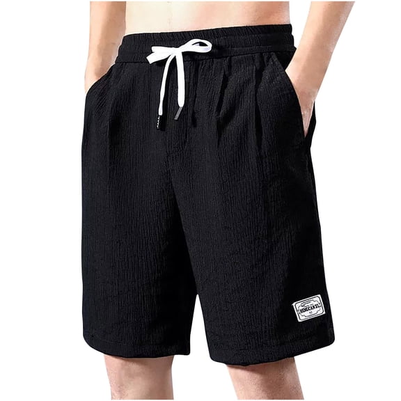 HOOMEUMY Men's Summer Beach Shorts Linen Drawstring Elastic Waist Baggy Fit Bermuda Shorts Knee Length Trousers with Pockets Black 12