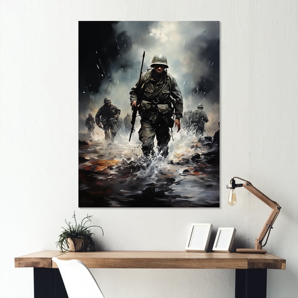 Designart "D-Day Invasion Army I" Military Metal Wall Art, White Metal Wall Decor, Global Metal Art Decor For Bedroom - 12x20 Inch
