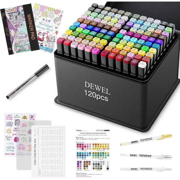 DEWEL 120 Colors Dual Tip Based Markers, Art Coloring Marker Plus 1 Blender, Highlighter Pens, Marker Pad & Drawing Tools, Perfect for Adult Coloring Sketching and Drawing
