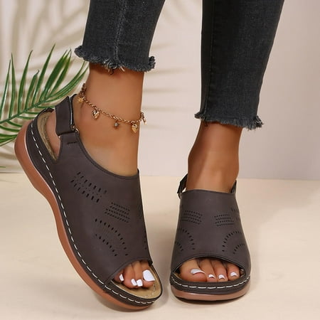 mtvxesu Summer Casual Sandals Ladies, Women's Vintage Cutout Wedge Heel Open Toe Low Fish Mouth Roman Sandals # Best Deals Today Brown 7.5