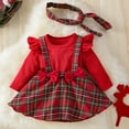 thumbnail image 4 of Wuxian Girls Winter Dress Long Sleeve Crewneck Ruffled Plaid Skirt Bodysuit Dress With Bow Headband Two Piece Romper Stylish Dresses Holiday Party Dress,Watermelon Red,3-6 Months, 4 of 8