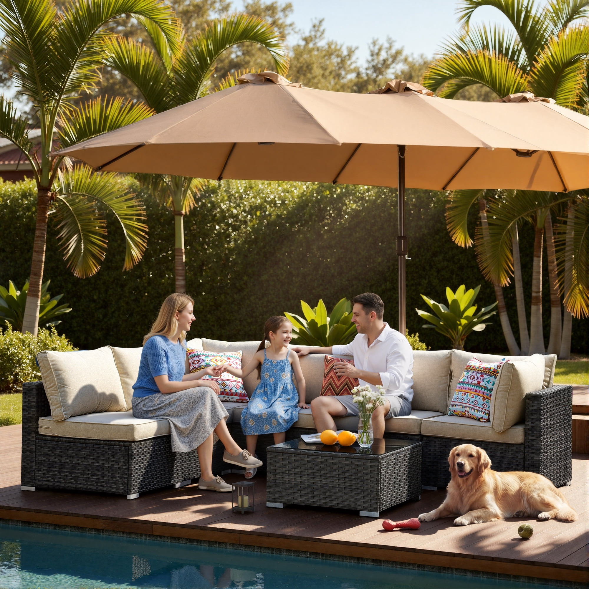 XIZZI 7-Piece Outdoor Sectional Furniture Sets, Wicker Patio Conversation Set with Cushions and Coffee Table, All-Weather Patio sets for Backyard, Garden,Beige