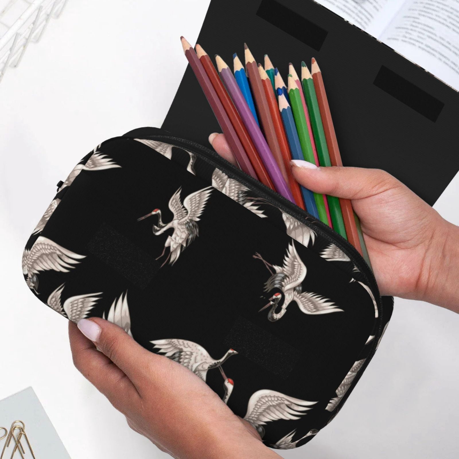 Rateoe Japanese White Crane Pattern Double Clamshell Pen Case, Storage Organizer with Two Zipper Compartments– Holds Up to 50 Pencils & Pens