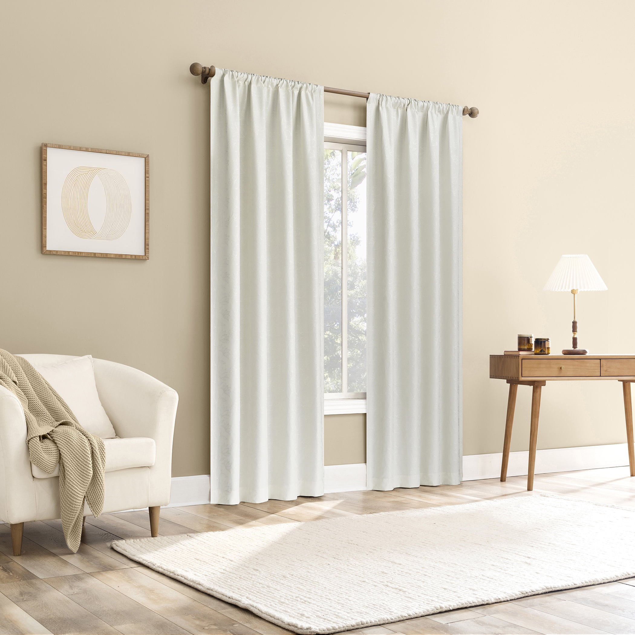Sun Zero Bronte Floral Jacquard 100% Blackout Rod Pocket Curtain Panel, 50"W X 63"L, Pearl