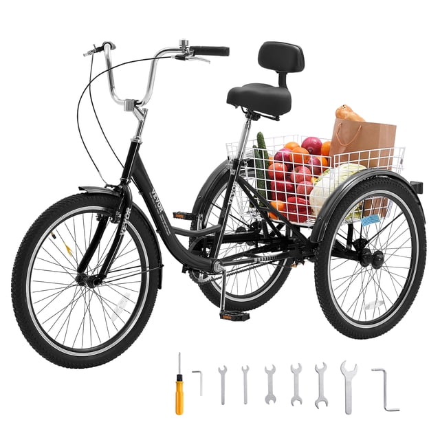 VEVOR Triciclos para adultos, bicicletas de tres ruedas de 20 pulgadas, triciclos de 3 ruedas, bicicleta de crucero de acero al carbono con canasta y asiento ajustable