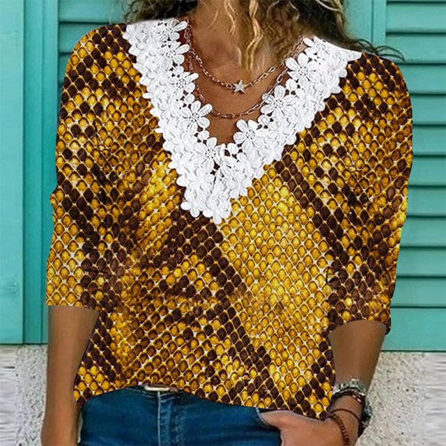 MHFRRA Camiseta Ajustada de Manga Larga con Cuello En V y Encaje de Punto con Estampado Informal de Moda de Primavera/Verano para Mujer Amarillo