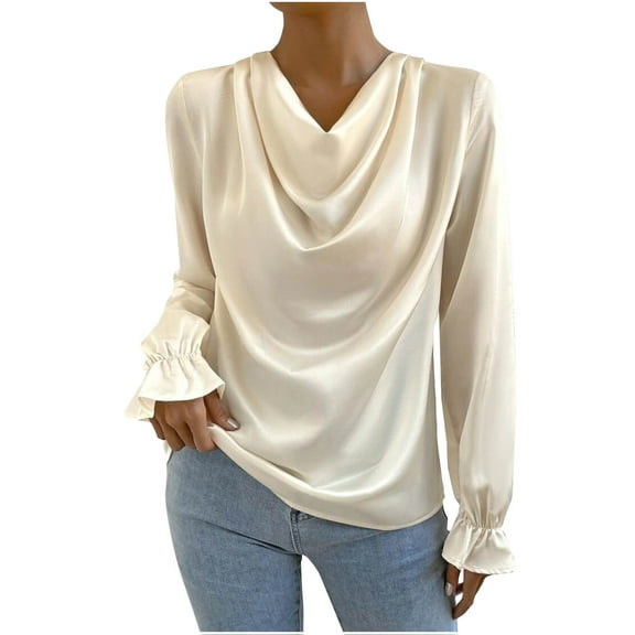 Satin Long Sleeve Tops for women Y2k Solid Color Tunic Tops Blouse Casual T shirts Beige L