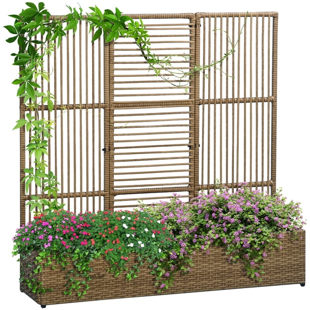Outsunny Rattan Outdoor Planter with Trellis, Raised Garden Bed, Sand Brown